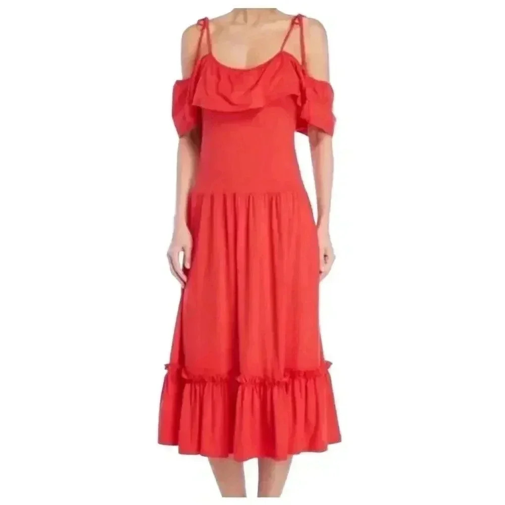 Rebecca Minkoff Red Cold‎ Shoulder Ruffle Midi Dress Size Small